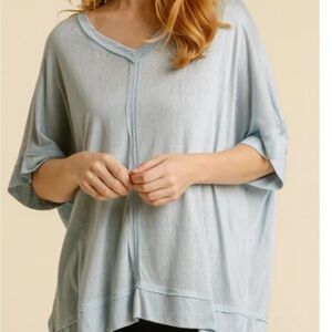 Umgee Women's V-Neck Oversized Sheer Blue Blouse Size M Casual NWOT